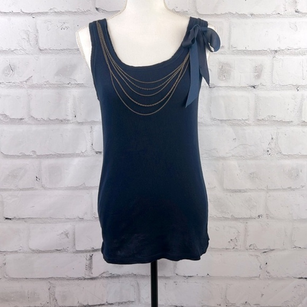 Ann Taylor LOFT Ribbed 100% Cotton Bow and Chain Embellished Tank Top Navy Blue